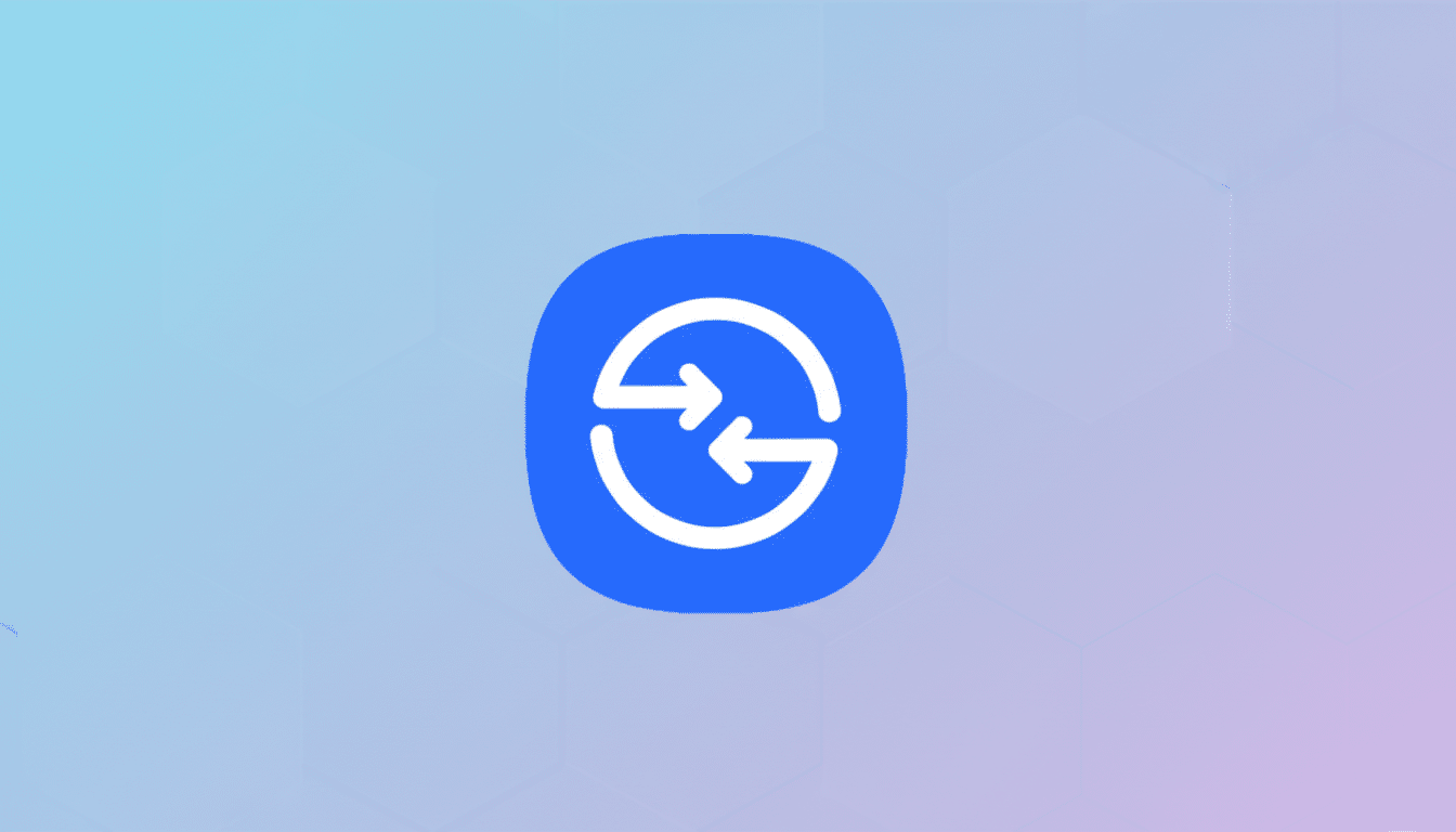 A blue app icon with a white circular arrow symbol, indicating refresh or exchange, set against a professional flat design background with soft hexagonal patterns and a gradient from light blue to light purple.