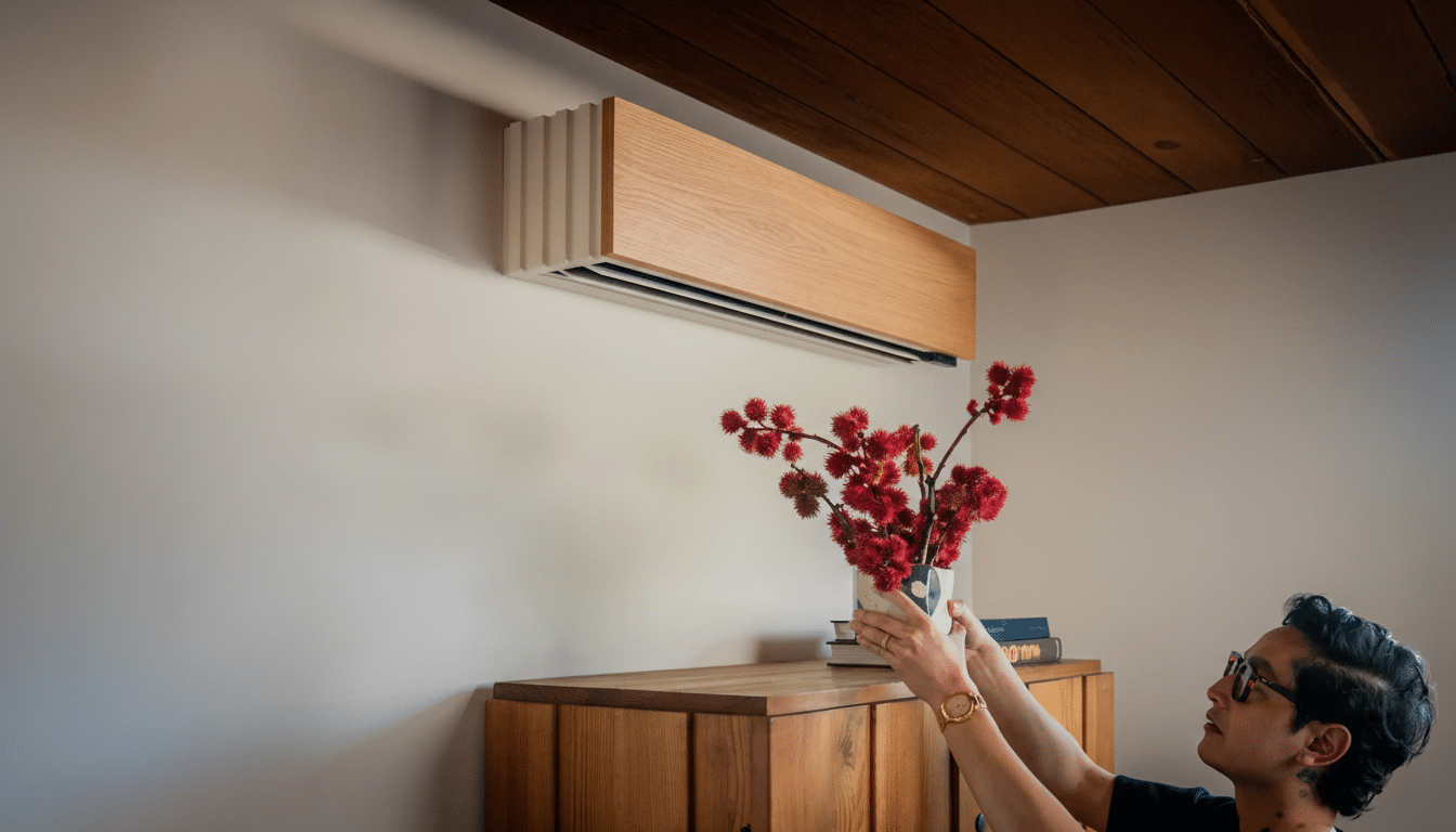 A person arranging a vase of red flowers on a wooden cabinet beneath a modern, wooden-paneled air conditioning unit mounted on a white wall.