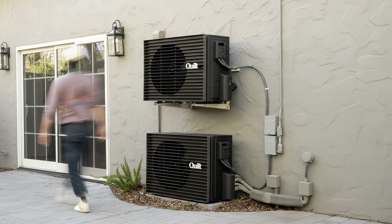 Two black Quilt HVAC units are mounted on a light gray stucco wall outside a building with a sliding glass door. A person walks by in the foreground.