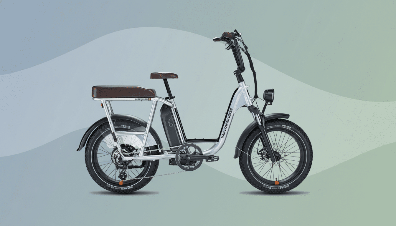 A silver Rad Power Bikes RadRunner electric utility bike with a brown seat and black tires, presented against a professional flat design background with soft green and grey gradients.