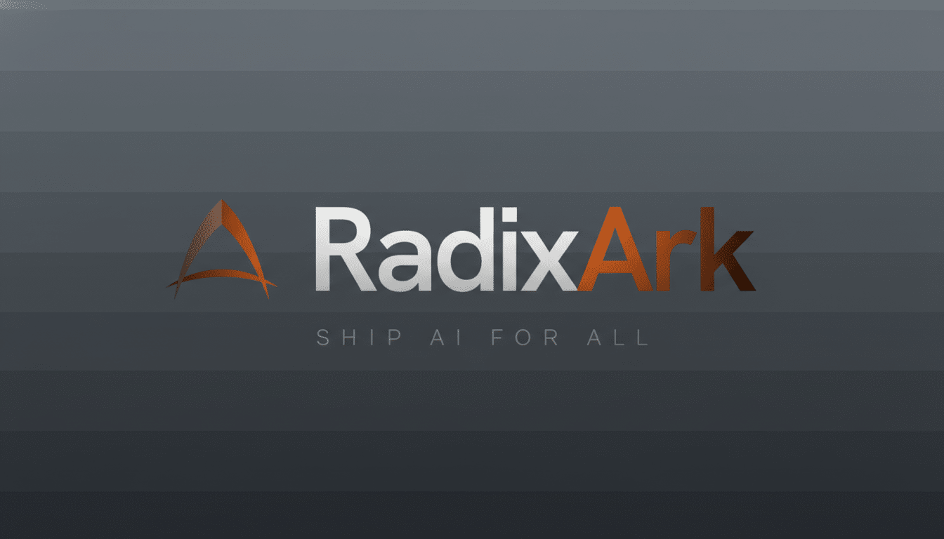 The RadixArk logo and slogan SHIP AI FOR ALL are displayed on a professional gray background with subtle horizontal stripes.