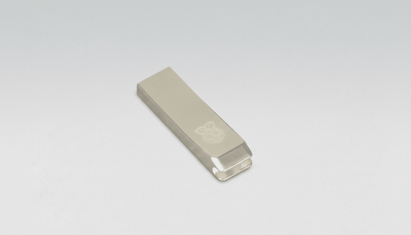 A silver USB drive with the Raspberry Pi logo engraved on it, presented on a clean, light gray background.