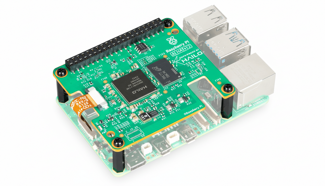 A Raspberry Pi AI HAT+ board is shown at an angle, with its green circuit board and various components visible.
