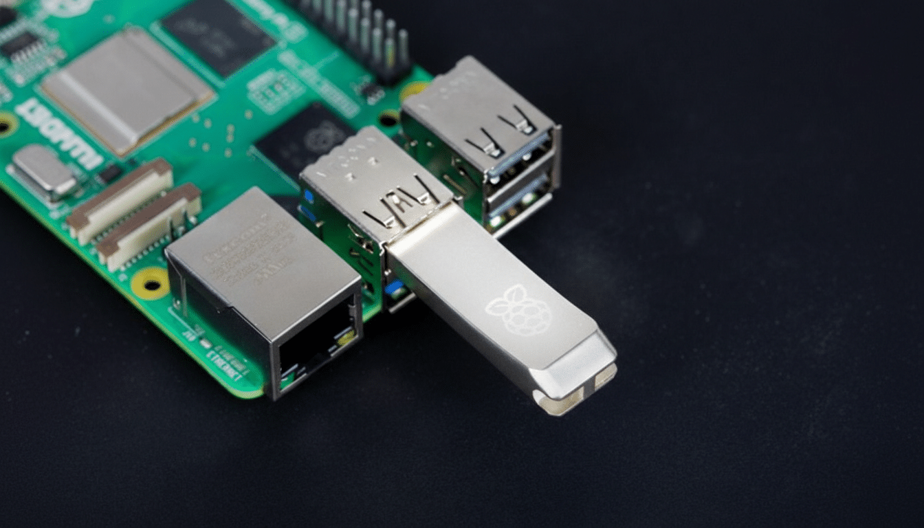 A close-up, professionally enhanced image of a Raspberry Pi board with a USB drive inserted, presented in a 16:9 aspect ratio.