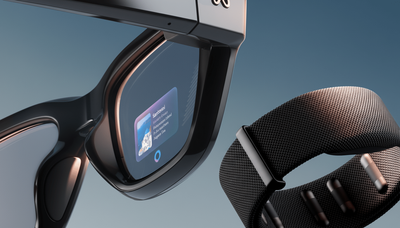 A close-up of smart glasses displaying a Santorini travel card, next to a black smart band, against a soft blue background.