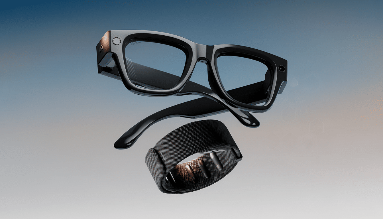 A pair of black smart glasses and a black wristband with three metallic buttons, floating against a gradient background with subtle hexagonal patterns.