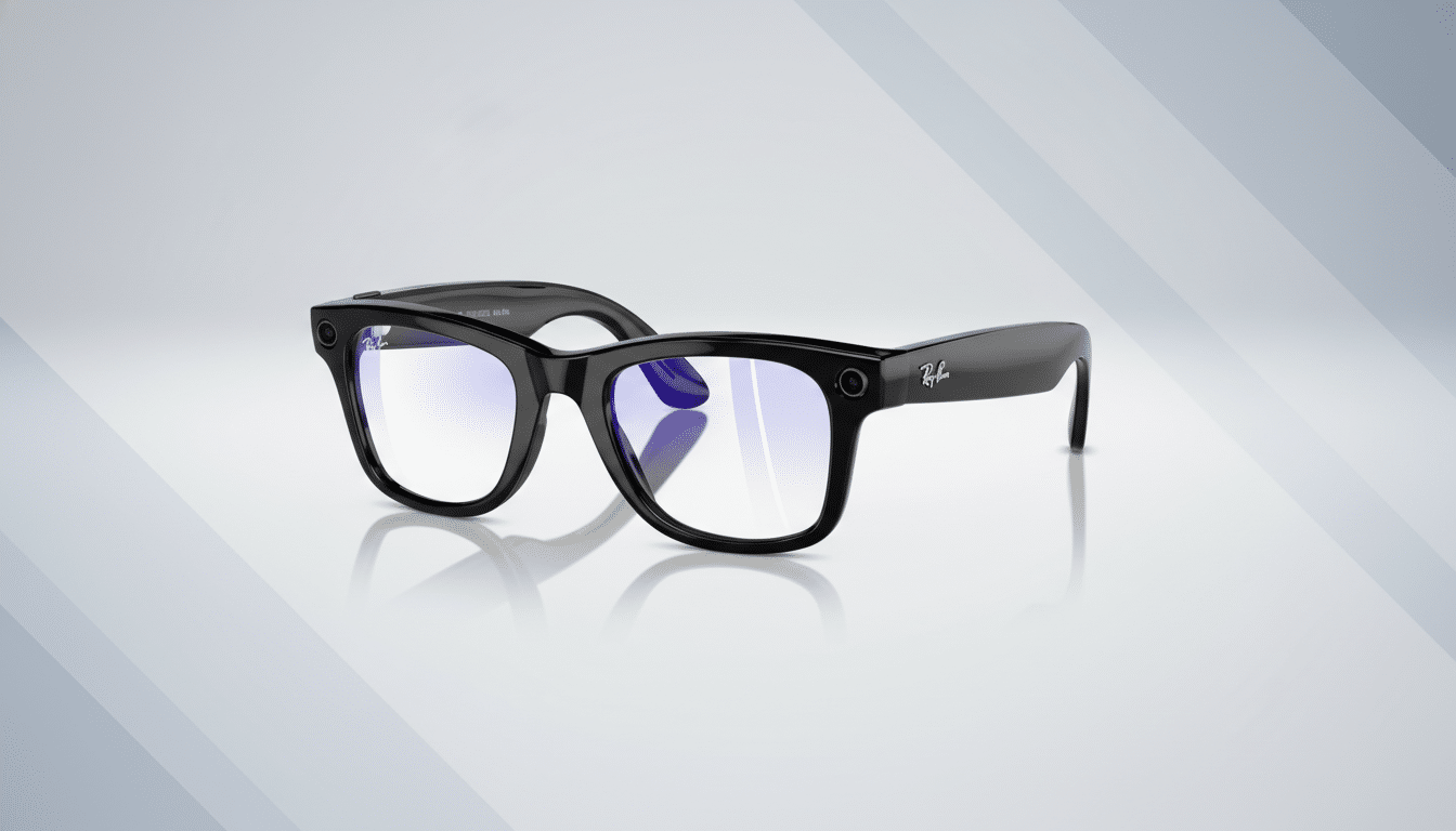 A pair of black Ray-Ban smart glasses with blue light filtering lenses, presented on a professional flat design background with soft gray gradients and subtle horizontal patterns.