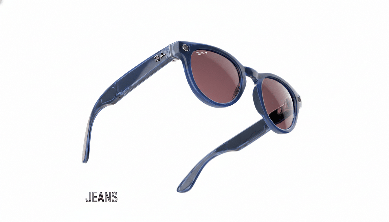 A pair of blue Ray-Ban smart glasses with dark lenses, angled on a white background.