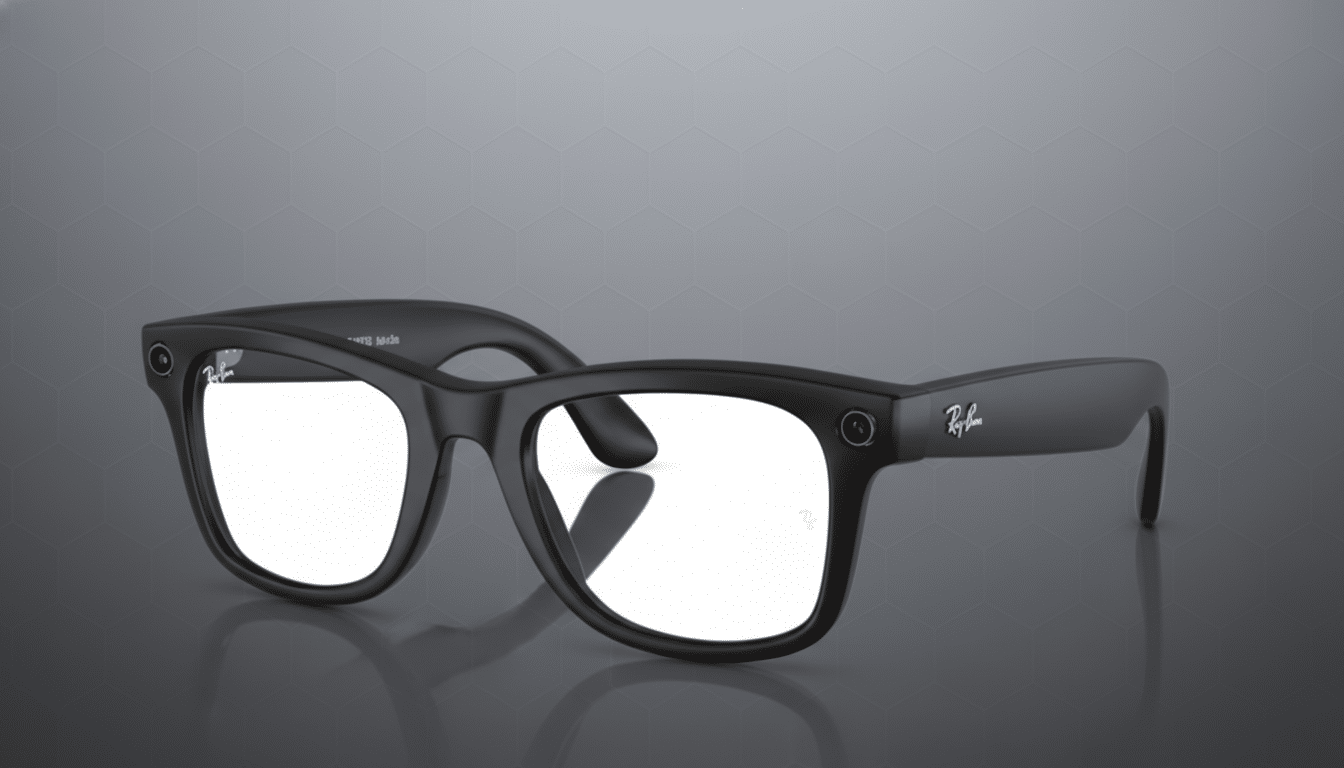 A pair of black Ray-Ban smart glasses with clear lenses, presented on a professional gray background with a subtle hexagonal pattern.