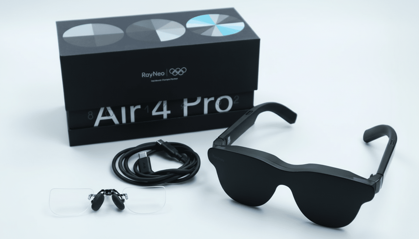 A pair of black smart glasses, a black box with RayNeo Air 4 Pro text, a coiled black USB-C cable, and a small clear nose clip accessory are arranged on a white surface.