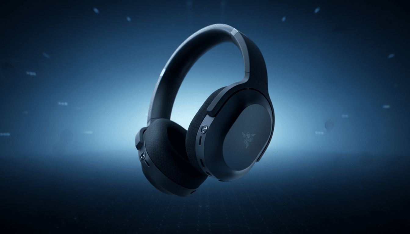 A pair of black Razer headphones with a green logo on the earcups, presented against a professional blue background with subtle geometric patterns.