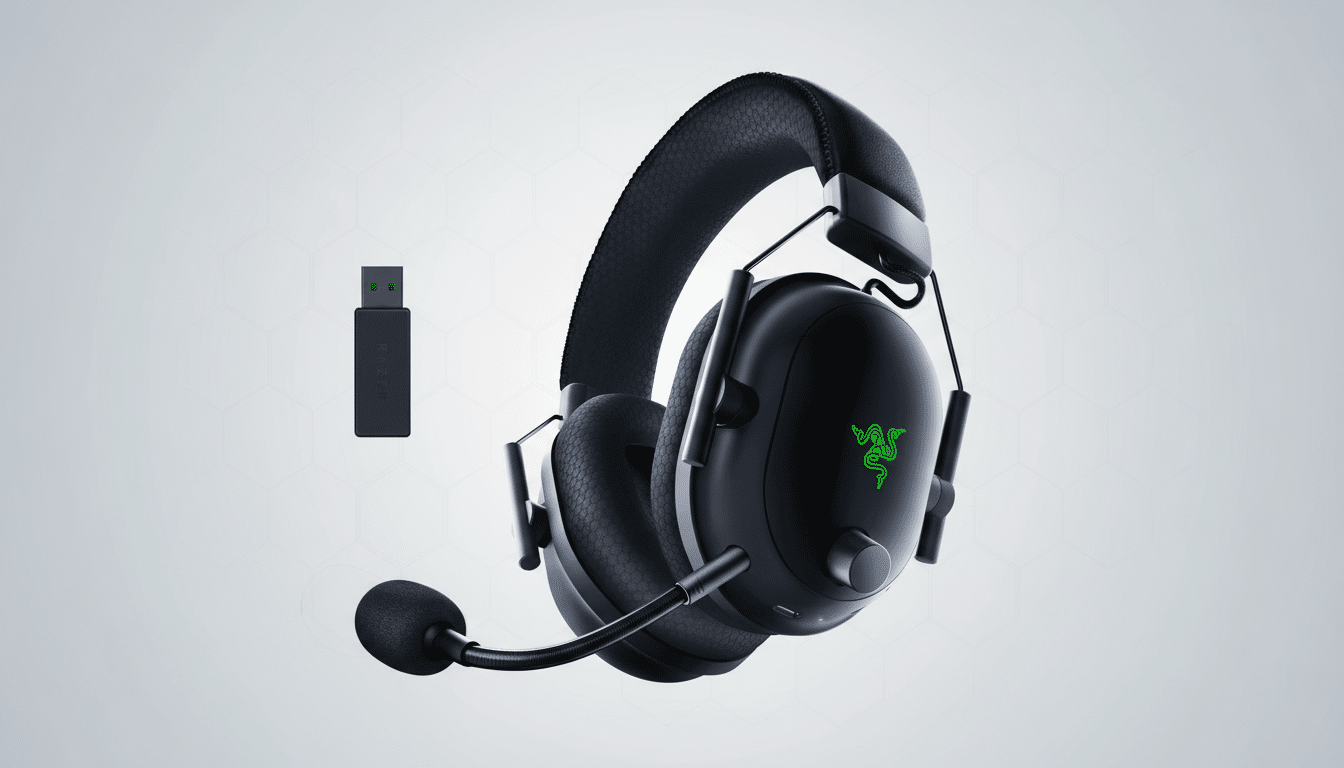 A black Razer gaming headset with a microphone and a USB dongle, presented on a professional light gray background with subtle geometric patterns.