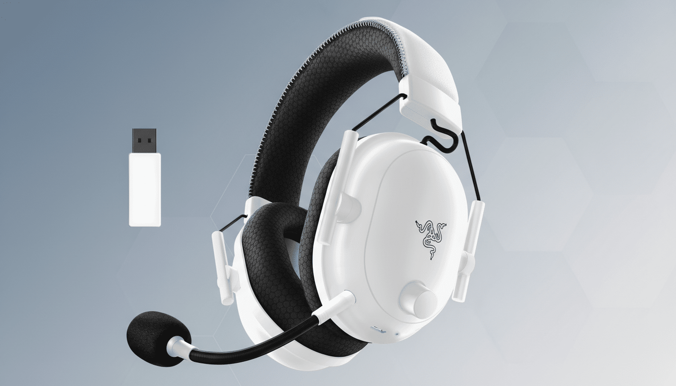 A white Razer gaming headset with a microphone and a USB dongle, presented on a professional gray background with subtle geometric patterns.