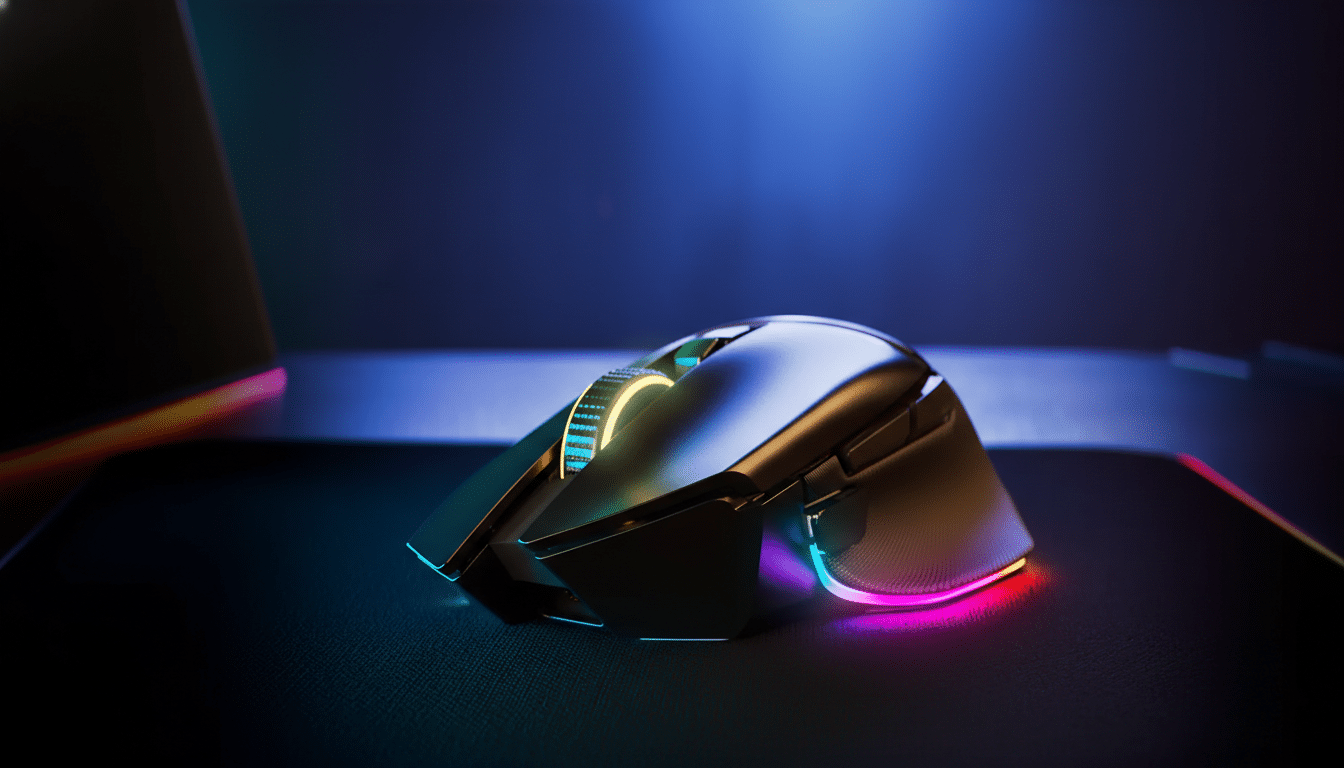 A sleek, dark gaming mouse with vibrant RGB lighting on its scroll wheel and base, resting on a black mousepad with subtle glowing edges. The background is a dark, blurred gradient of blue and purple.