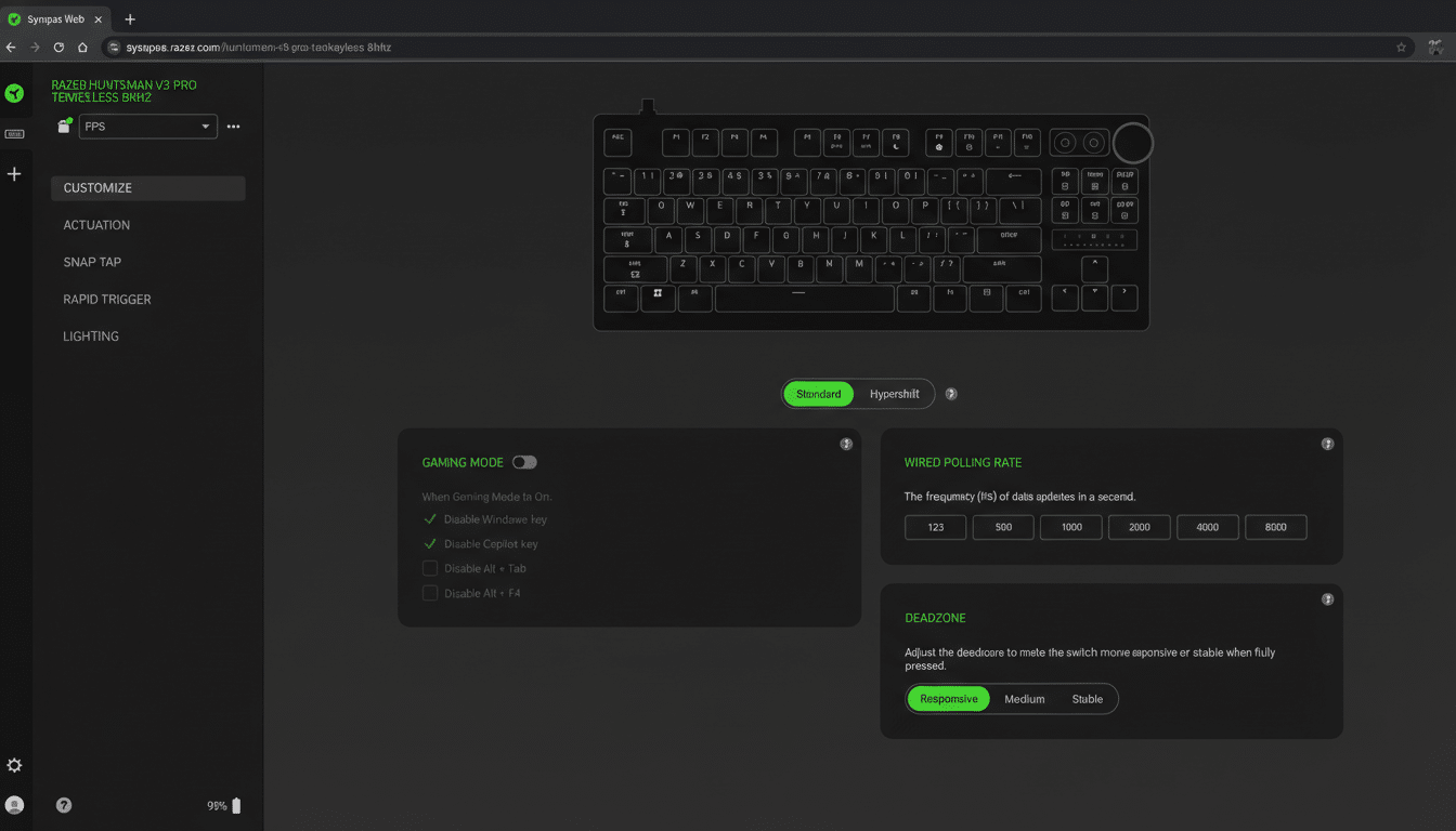 A screenshot of the Razer Synapse software interface, displaying settings for a Razer Huntsman V3 Pro Tenkeyless keyboard. The interface is dark gray with green accents, showing options for customization, actuation, snap tap, rapid trigger, and lighting. The main section features a visual representation of the keyboard and settings for Gaming Mode, Wired Polling Rate, and Deadzone.