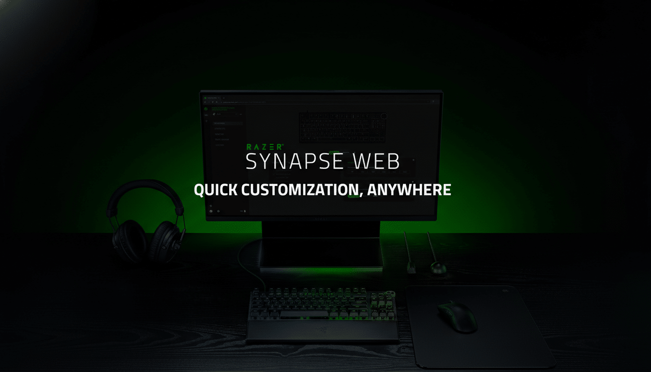 A 16:9 aspect ratio image featuring a Razer Synapse Web interface on a monitor, with a Razer keyboard, mouse, and headphones on a dark wooden desk, against a dark green background.