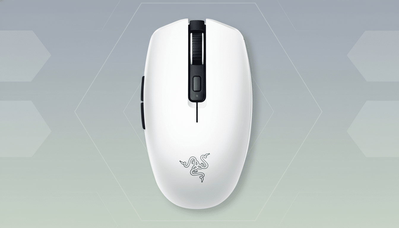 A white Razer gaming mouse with a black scroll wheel and buttons, featuring a green LED light, set against a professional flat design background with soft gray patterns.