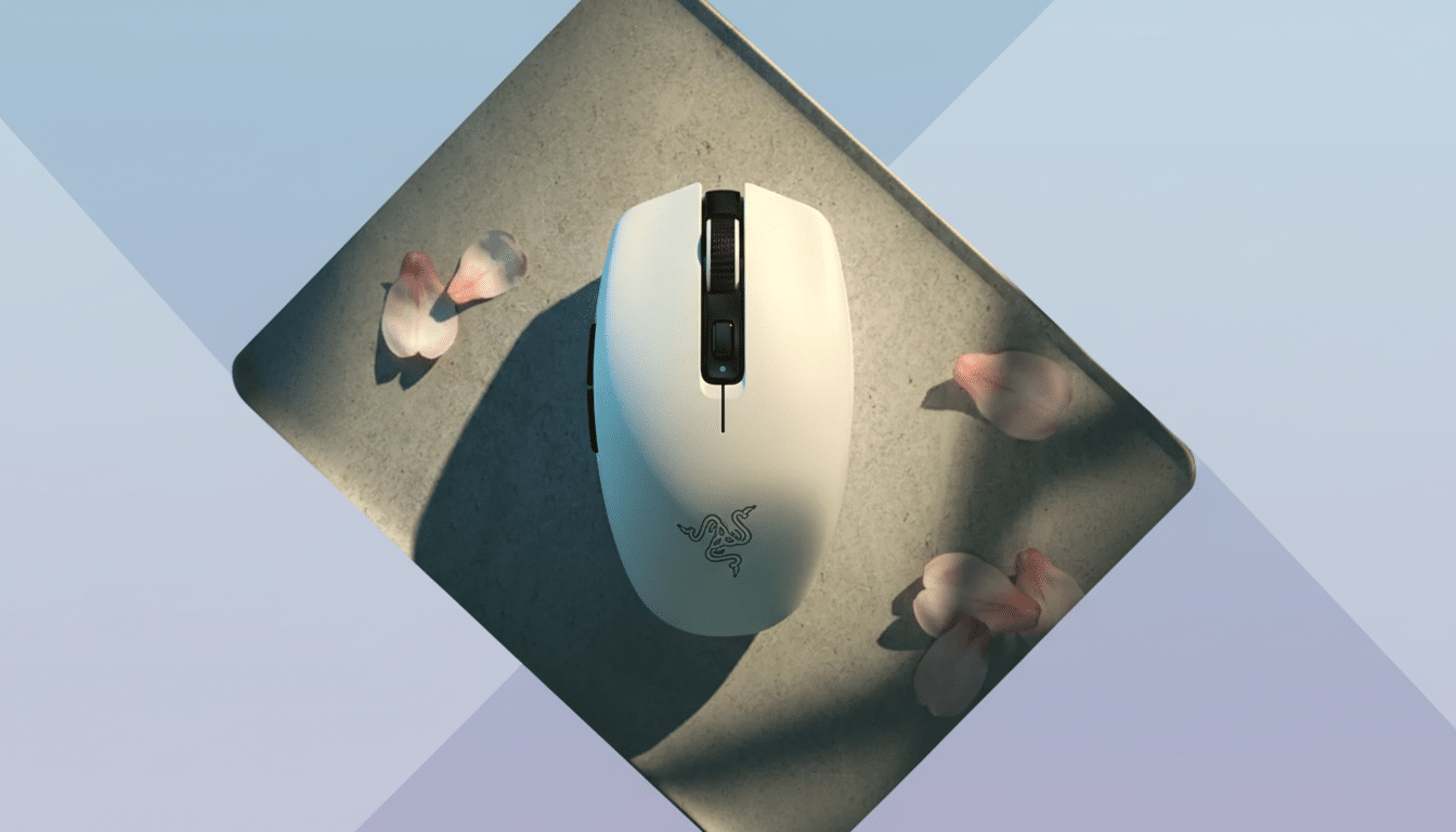 A white Razer gaming mouse with a green light on its scroll wheel, resting on a gray surface with scattered pink petals. The background has been updated to a professional flat design with soft blue and purple gradients, maintaining the original mouse and petal arrangement.