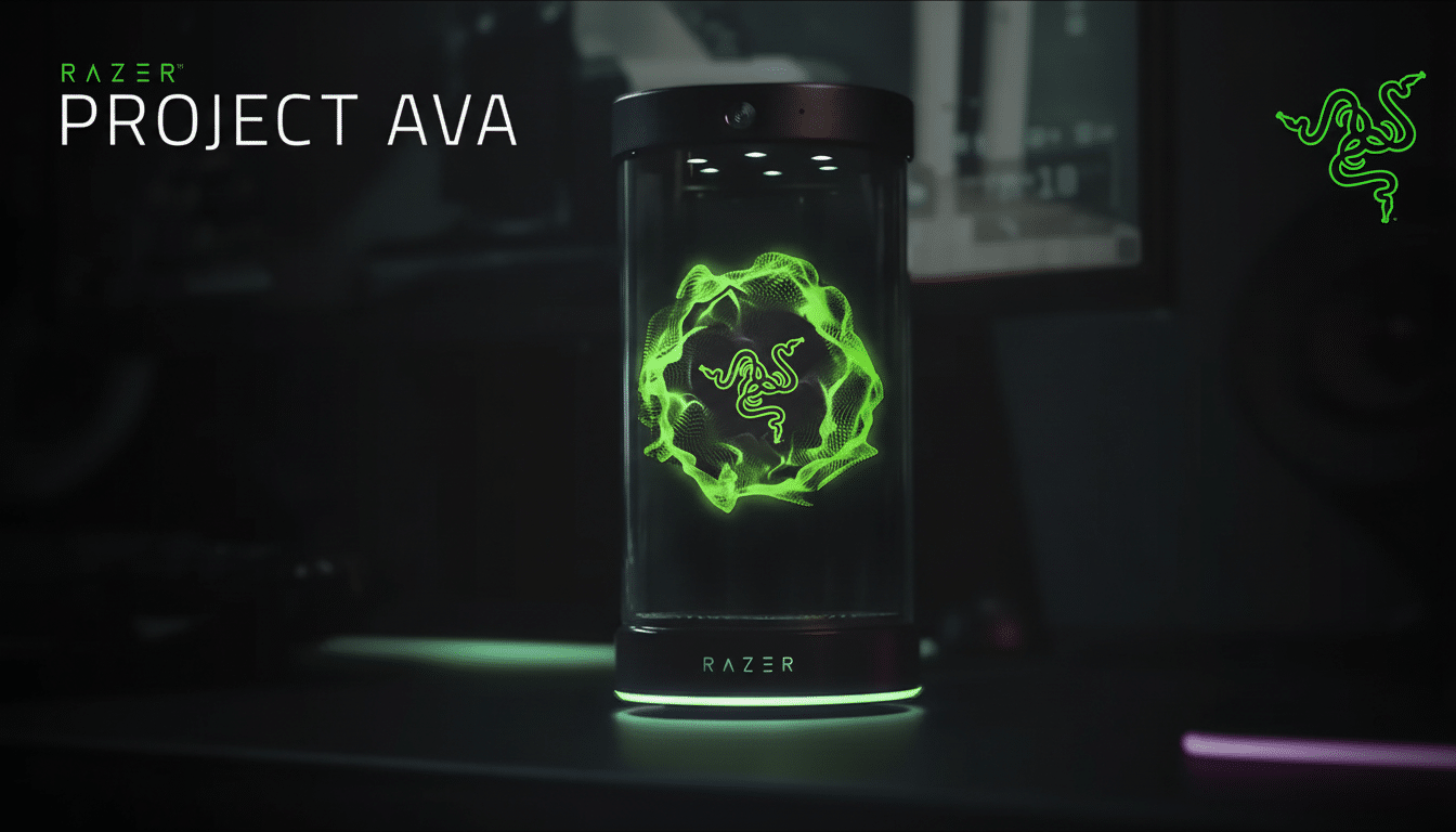 A dark image featuring a cylindrical device with a glowing green Razer logo inside, surrounded by a swirling green effect. The text RAZER PROJECT AVA is visible in the upper left, and the Razer snake logo is in the upper right.
