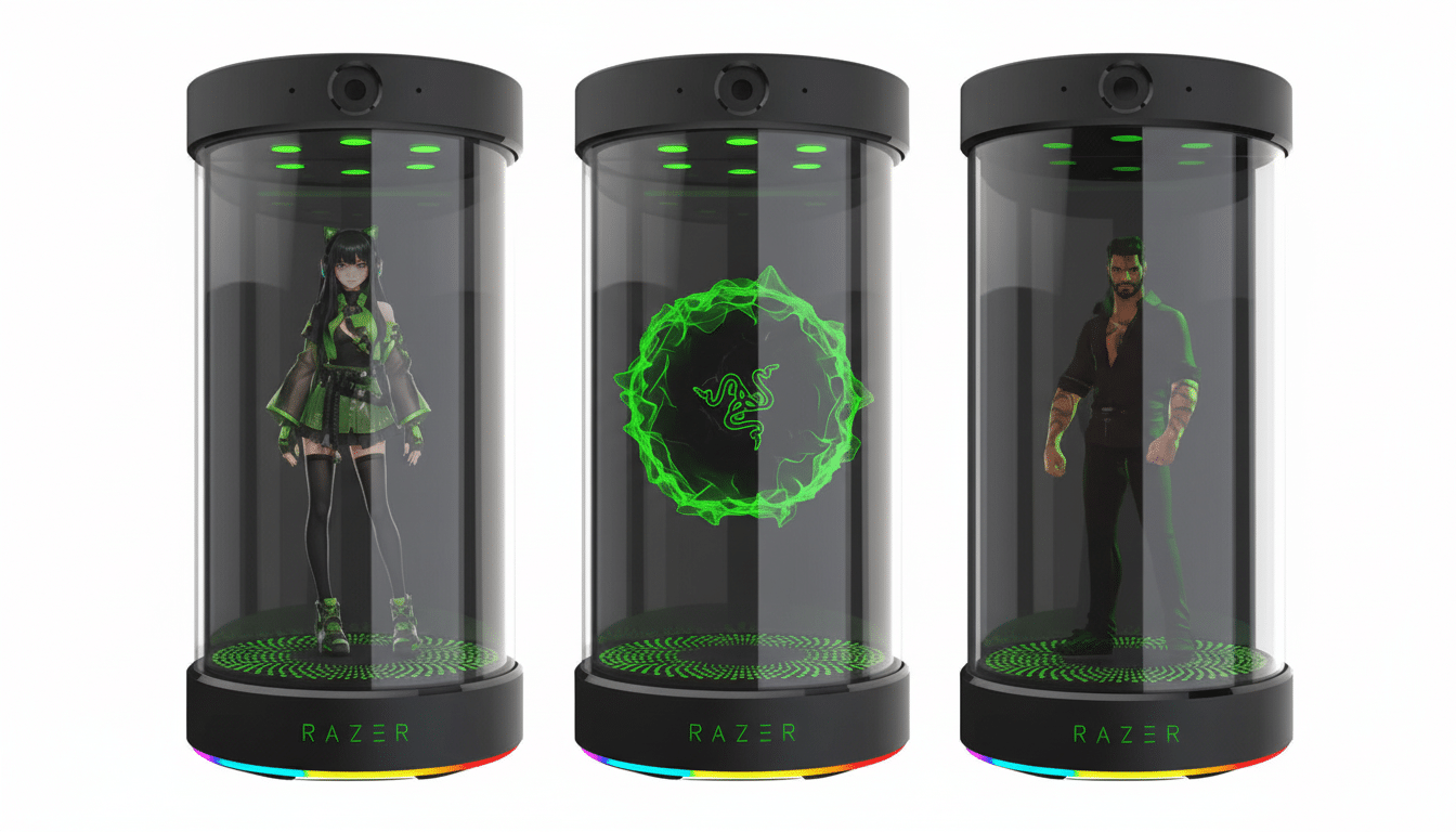 Three cylindrical display cases, each with a black base and top, and a clear glass body. The left case contains an anime-style female character in green and black attire. The middle case displays a glowing green Razer logo. The right case contains a male character with dark hair and a beard, wearing a black shirt and pants. All three cases have RAZER written on their bases and a strip of colorful light at the very bottom.