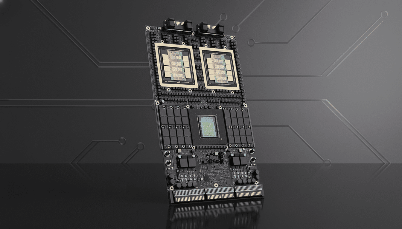 A professional 16:9 aspect ratio image of a circuit board with two large square chips and a smaller central chip, set against a dark gray background with subtle circuit-like patterns.