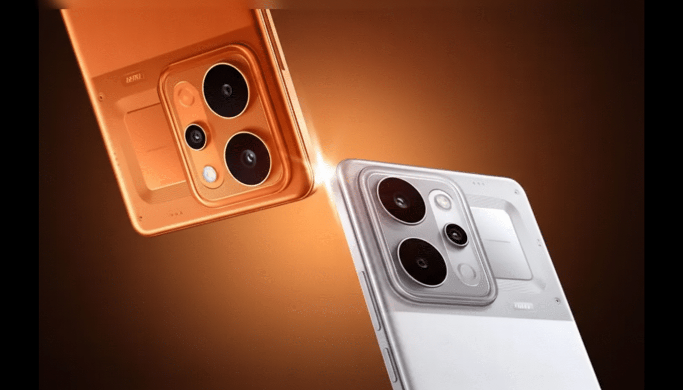 Two smartphones, one orange and one silver, are shown at an angle, highlighting their camera modules.