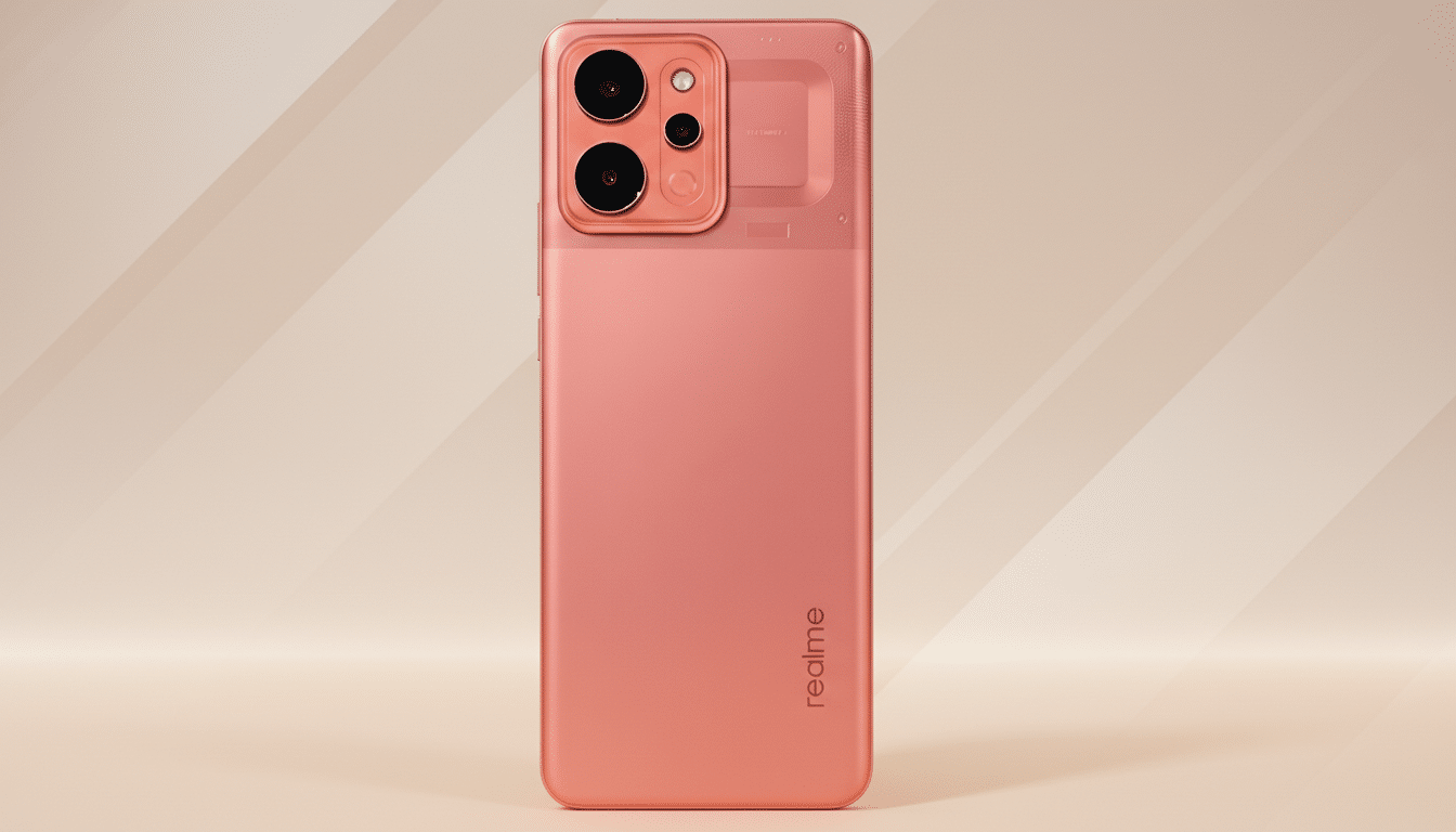 A coral-colored Realme smartphone with a dual-camera setup and realme branding on the back, presented against a professional flat design background with soft patterns and gradients.