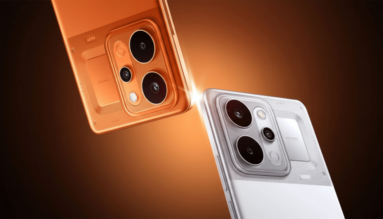 Two smartphones, one orange and one silver, are shown at an angle, highlighting their camera modules.