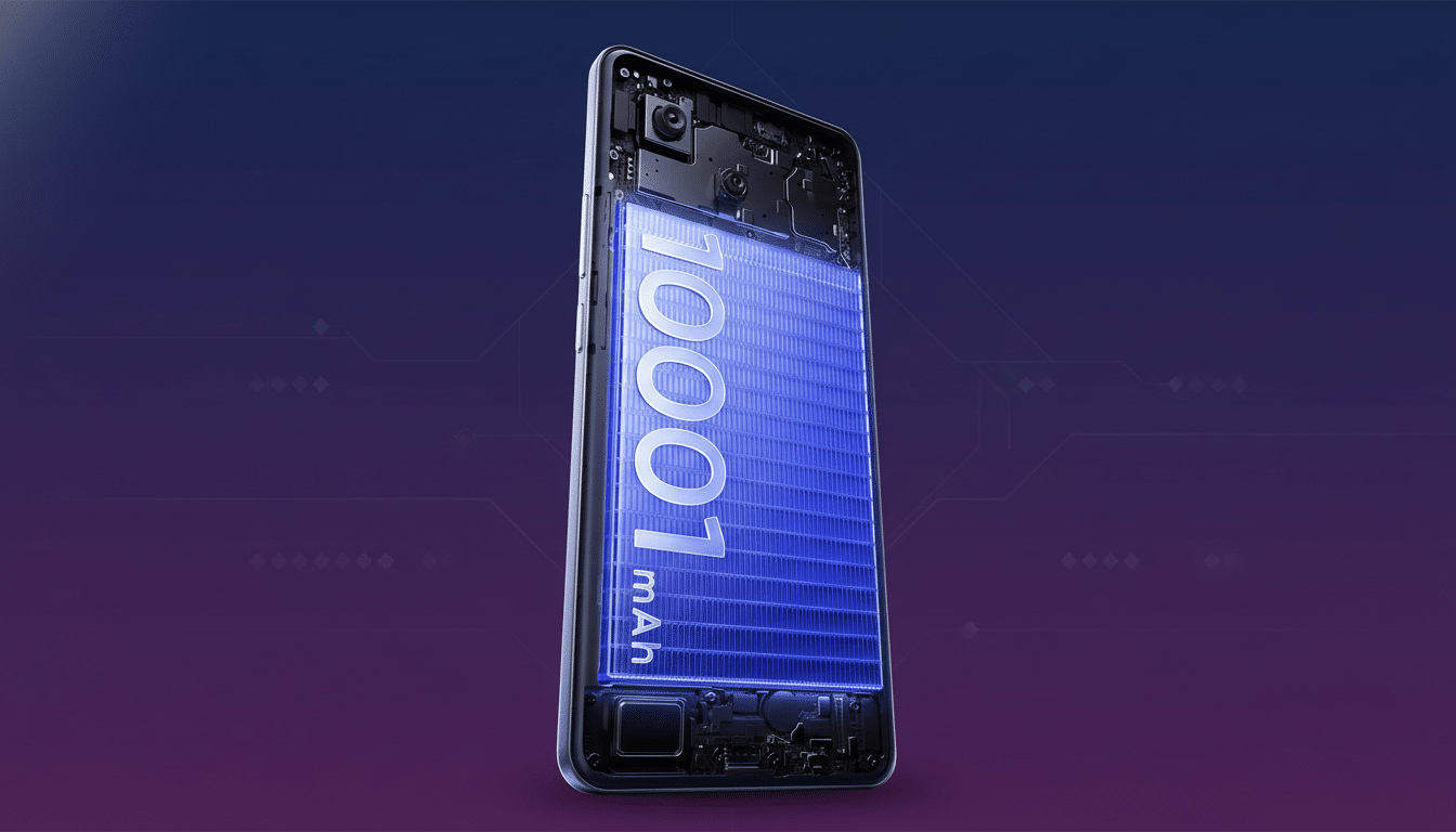 A smartphone with its back removed, revealing a large battery with 10001 mAh written on it, set against a professional flat design background with soft patterns.