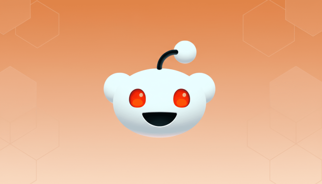 The Reddit Snoo logo, a white alien-like creature with red eyes and a smile, centered on a soft orange gradient background with subtle hexagonal patterns.