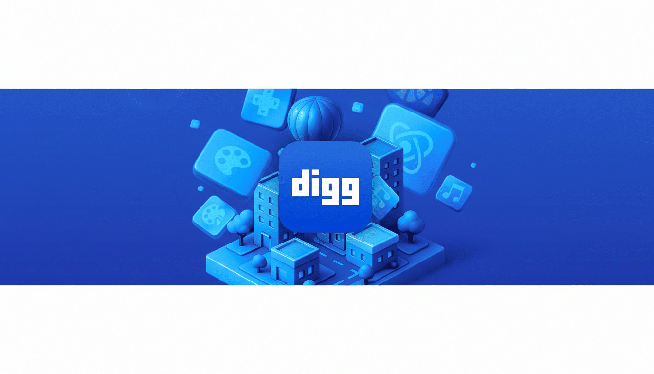 The Digg logo is centered on a blue background with various blue 3D icons and structures, including buildings, trees, and other app-like symbols, creating a digital city scape.