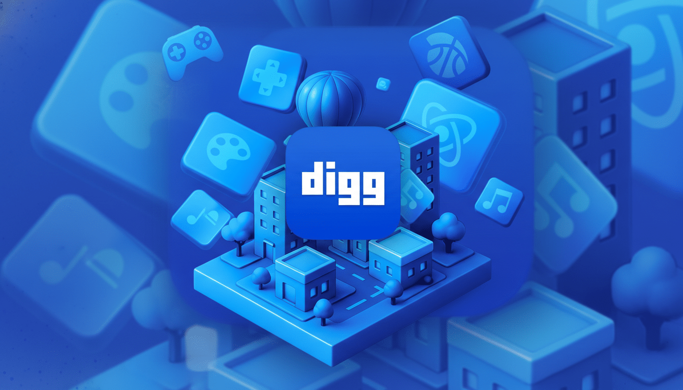 The Digg logo is centered on a blue background with various app icons and buildings in a 16:9 aspect ratio.