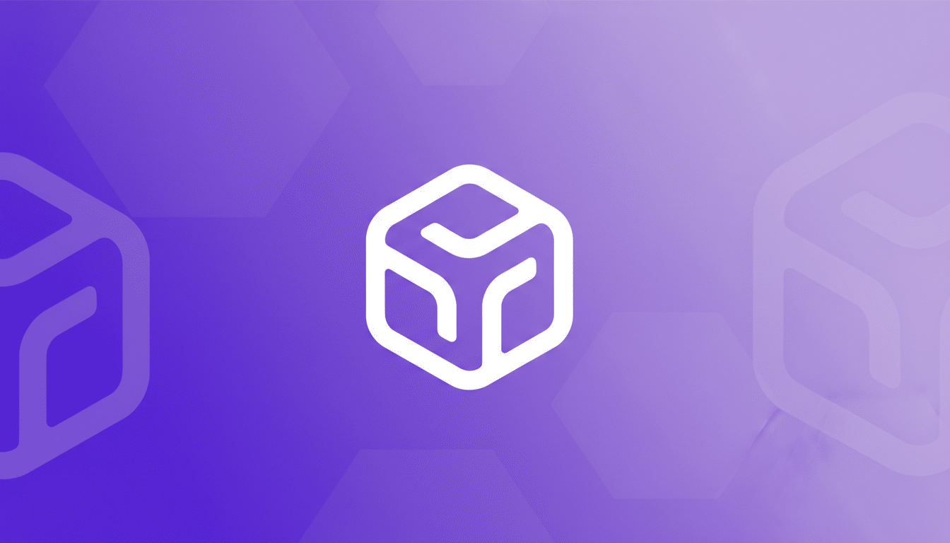 A white cube logo with rounded edges on a purple background with subtle hexagonal patterns.