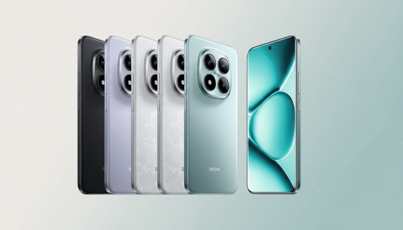 A professional image showcasing five Redmi smartphones in various colors (black, lavender, white, and two shades of light blue/green) arranged diagonally, with the front of the rightmost phone displaying a teal-colored abstract wallpaper.