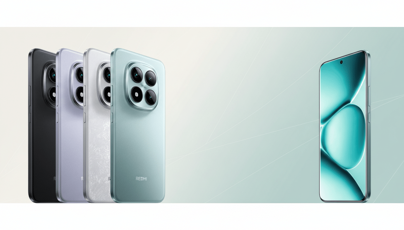 Four Redmi smartphones in black, purple, white, and light green, with a separate light green phone displaying a teal abstract image, all against a professional light green and white gradient background.