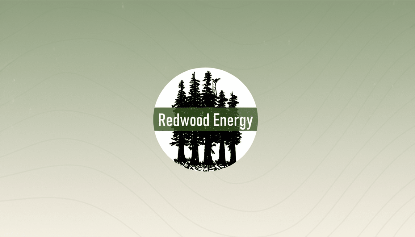 The Redwood Energy logo, featuring a circular design with black silhouettes of redwood trees against a white background, with a green banner across the middle displaying Redwood Energy in white text. The logo is centered on a professional flat design background with soft green gradients and subtle wave patterns, resized to a 16:9 aspect ratio.