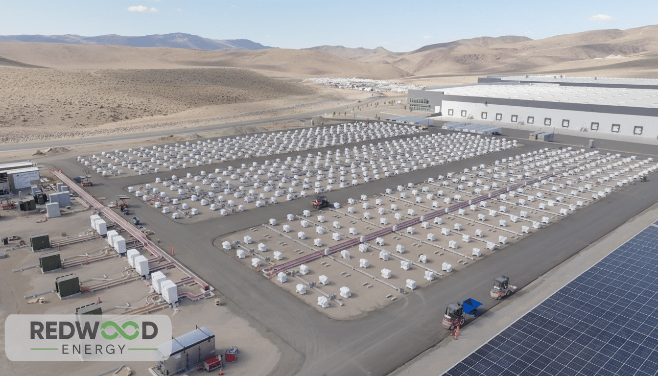 An aerial view of a large-scale energy storage facility with rows of white battery units, a large industrial building, and solar panels in a desert landscape.