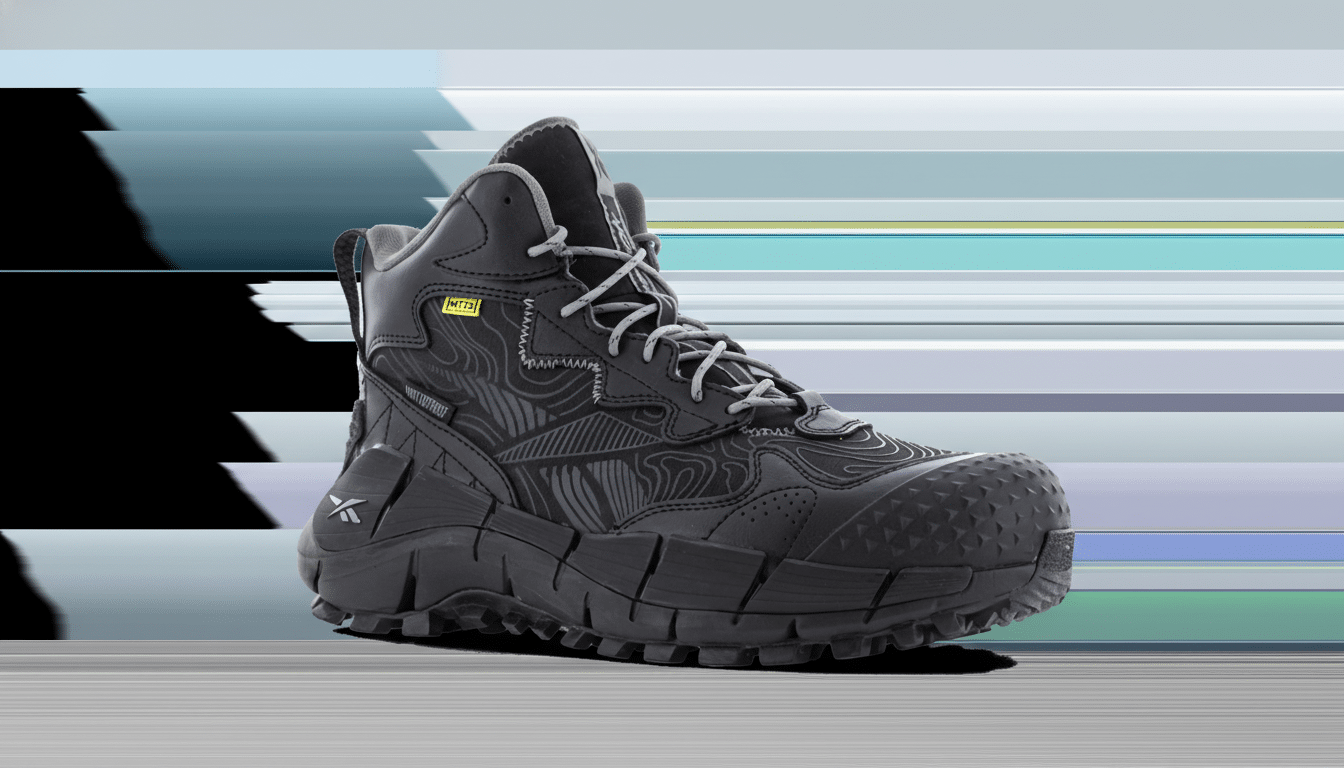A black Reebok MT23 waterproof hiking boot with gray laces and a textured sole, presented on a professional flat design background with soft patterns and gradients.