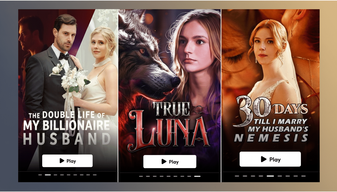 Three movie posters are displayed side-by-side. The first poster, titled The Double Life of My Billionaire Husband, shows a man in a tuxedo and a woman in a wedding dress. The second poster, titled True Luna, features a woman next to a wolf. The third poster, titled 30 Days Till I Marry My Husbands Nemesis, shows a woman in a white dress. All posters have a Play button at the bottom.