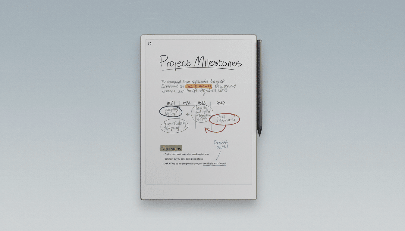A reMarkable tablet displaying Project Milestones with a professional flat design background.