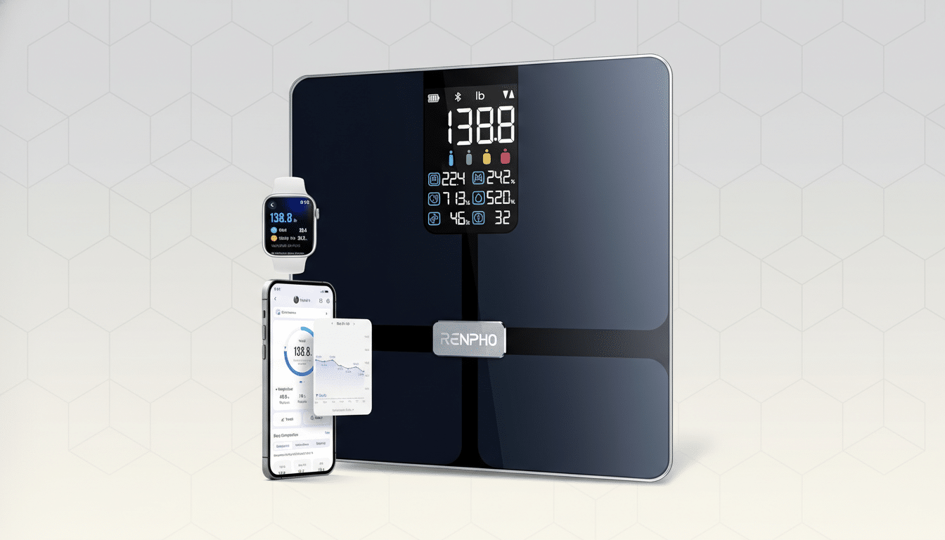 A Renpho smart scale displaying 138.8 lb and other metrics, accompanied by a smartwatch and smartphone showing synchronized health data, all presented on a professional flat design background with soft patterns.