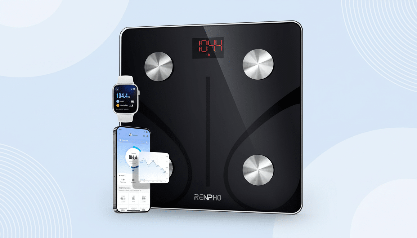 A black smart scale displaying 104.4 lb in red, accompanied by a smartwatch and a smartphone showing health data, all set against a professional light blue background with subtle wave patterns.