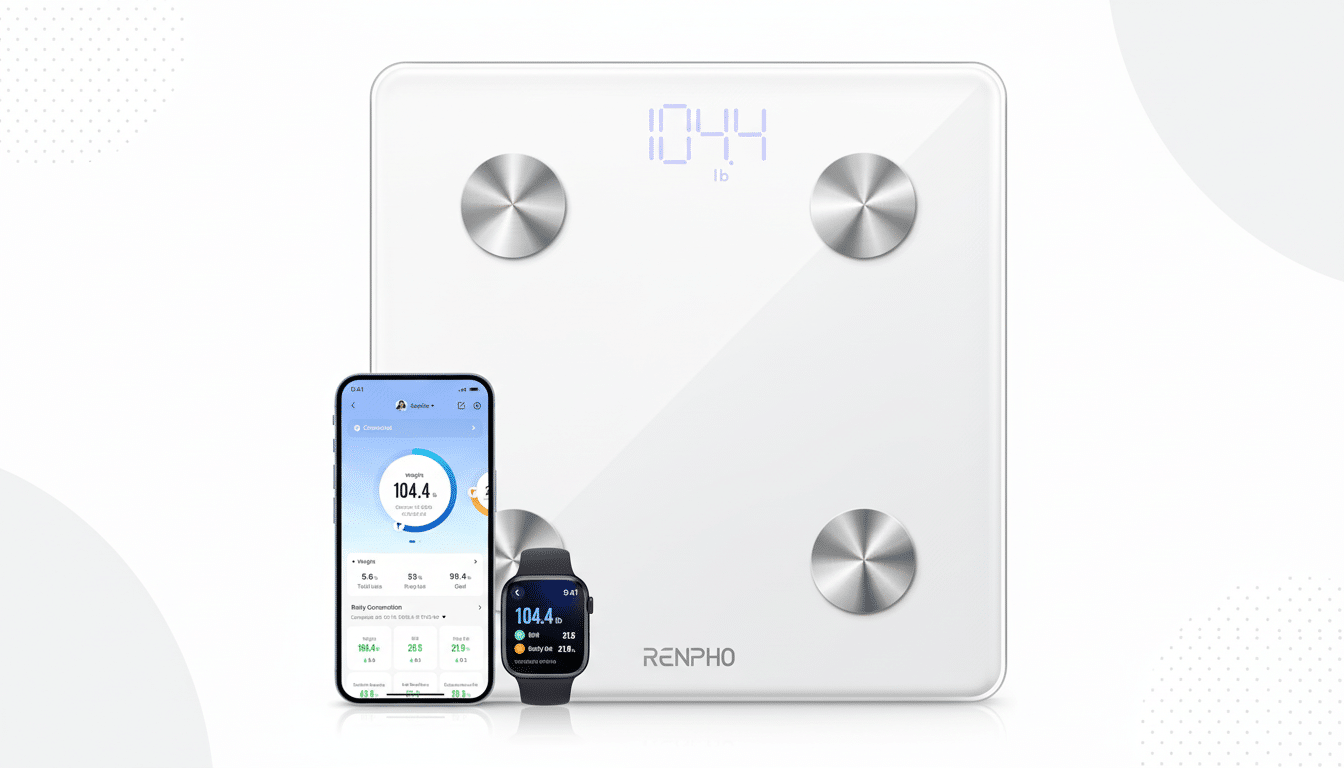 A white smart scale displaying 104.4 lb with a smartphone and smartwatch showing connected app data, all set against a professional flat design background with soft patterns.