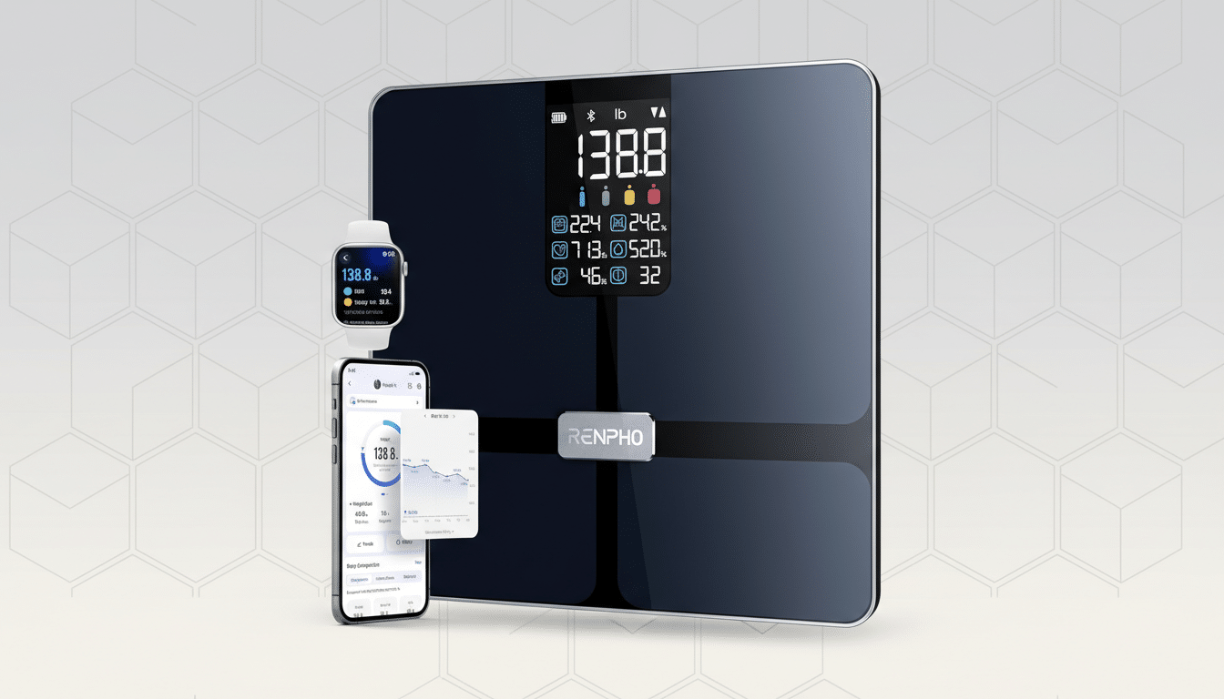 A black smart scale displaying 138.8 lb and various body composition metrics, accompanied by a smartwatch and a smartphone showing synchronized data from the scale.