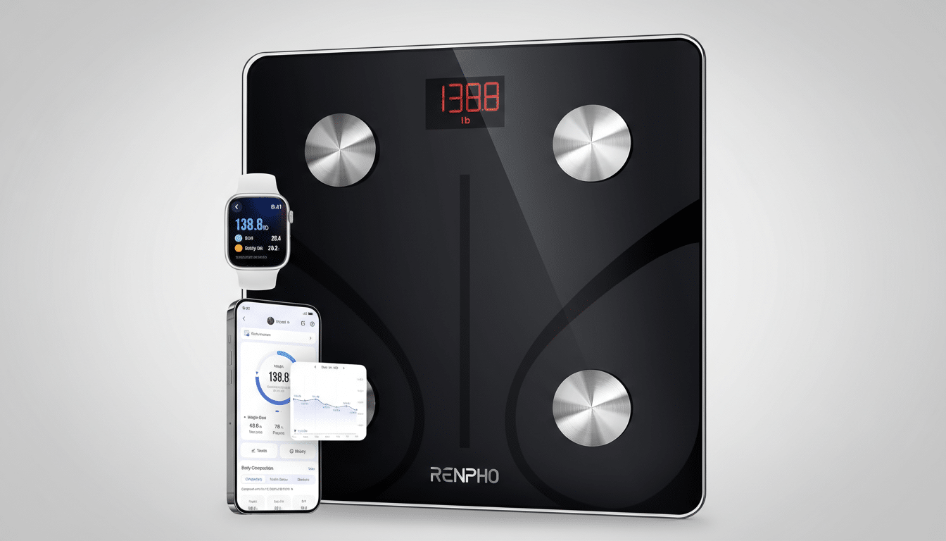 A black Renpho smart scale displaying 138.8 lb on its screen, accompanied by a smartwatch and a smartphone showing health data, all set against a professional flat gray background with a subtle gradient.