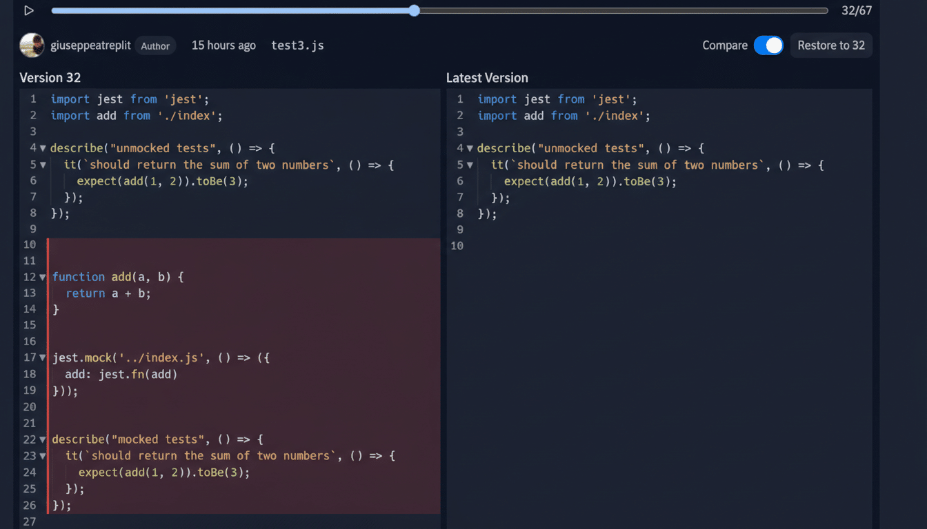 A code editor displaying two versions of JavaScript code side-by-side, with differences highlighted.