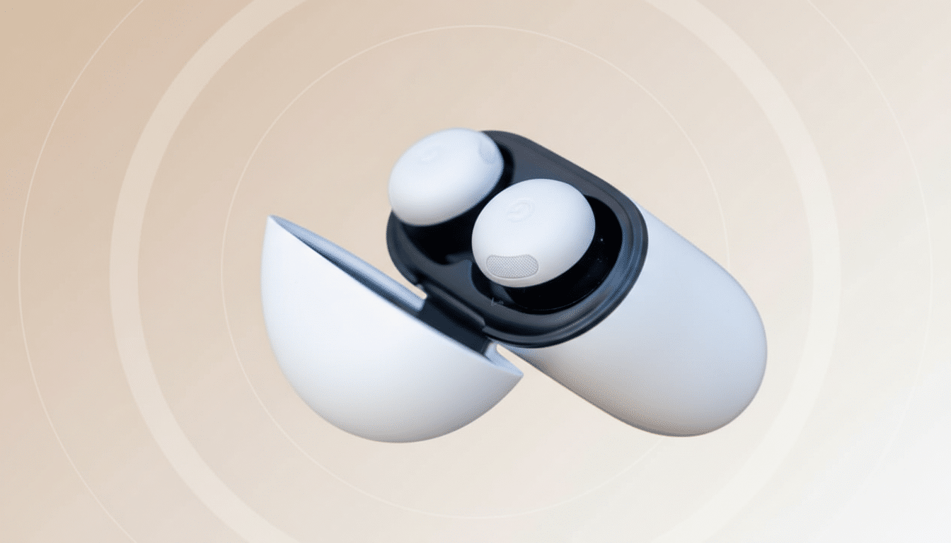 A pair of white wireless earbuds in their open charging case, presented against a professional flat design background with soft patterns and gradients.