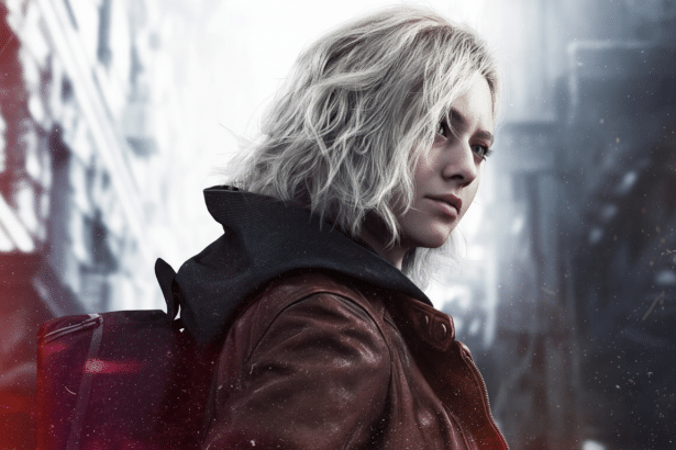 A young woman with short, wavy blonde hair and a serious expression, wearing a brown leather jacket over a dark hoodie, with a black backpack visible on her left shoulder. The background is a blurred, light-toned urban landscape with hints of red.