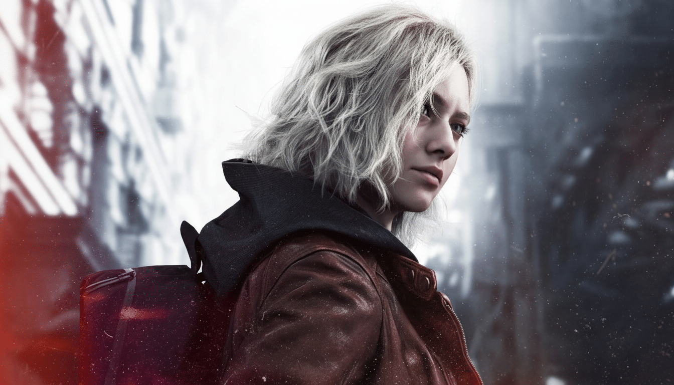 A young woman with short, wavy blonde hair and a serious expression, wearing a brown leather jacket over a dark hoodie, with a black backpack visible on her left shoulder. The background is a blurred, light-toned urban landscape with hints of red.