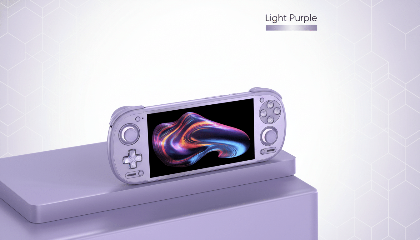 A light purple handheld gaming console with a vibrant, abstract display, set on a matching purple platform against a professional, subtly patterned light background.